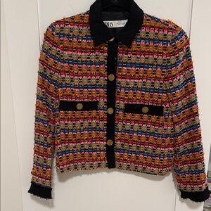 Zara Multicolor Tweed Blazer with Black Details